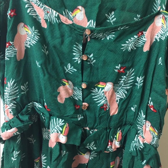 Green summer dress, bird flower print - Picture 2 of 6
